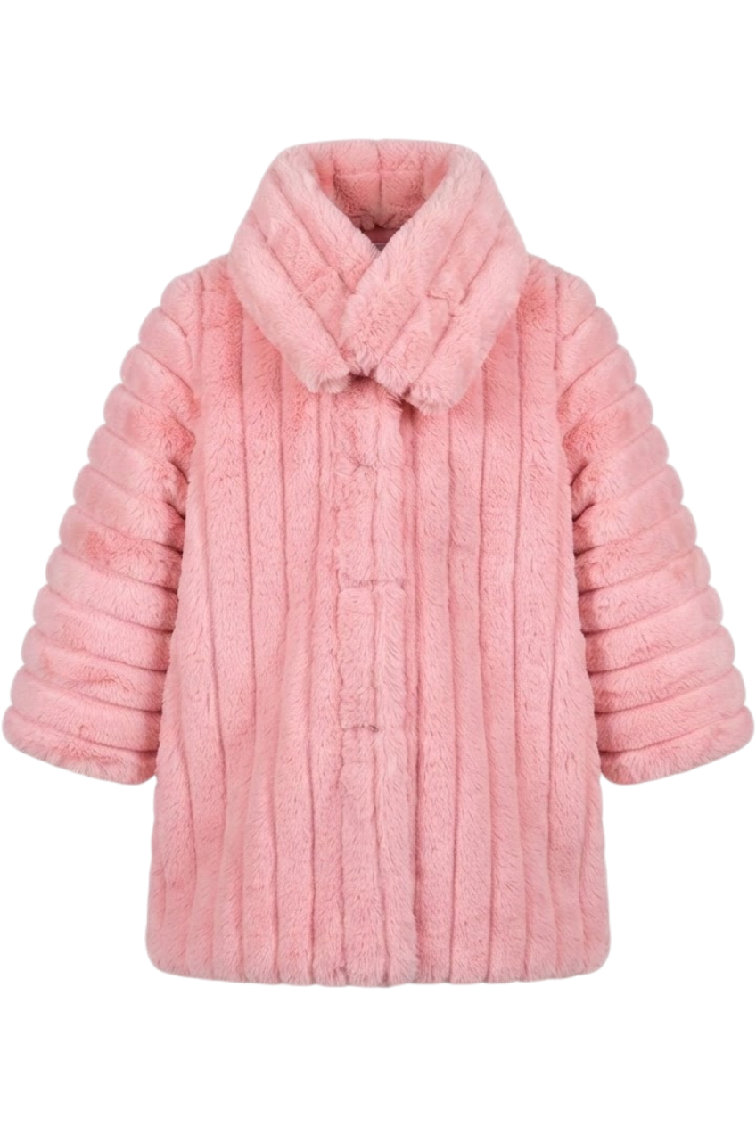 Pink striped padded fur coat with removable collar - product view
