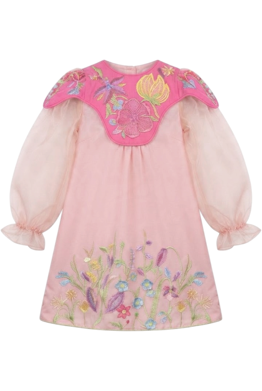 Pink A-line dress with floral embroidery - product view