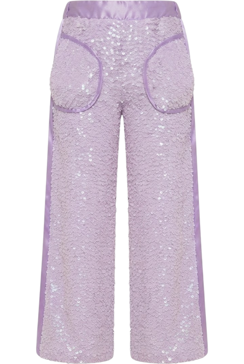 Violet sequins trousers with side stripes and pockets - product view