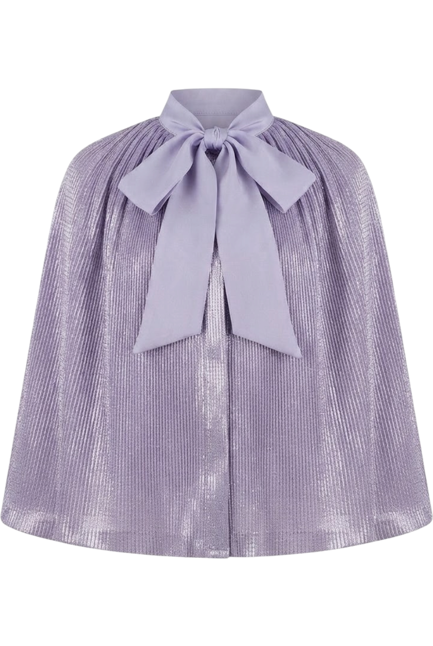 Micro pleated violet cape with pussy bow - product view