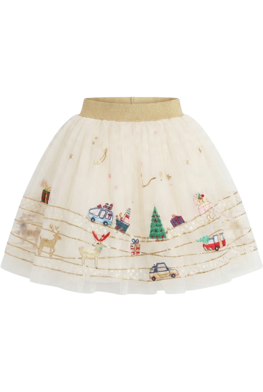 Off-white Christmas embroidered skirt with gold elastic waistband - product view