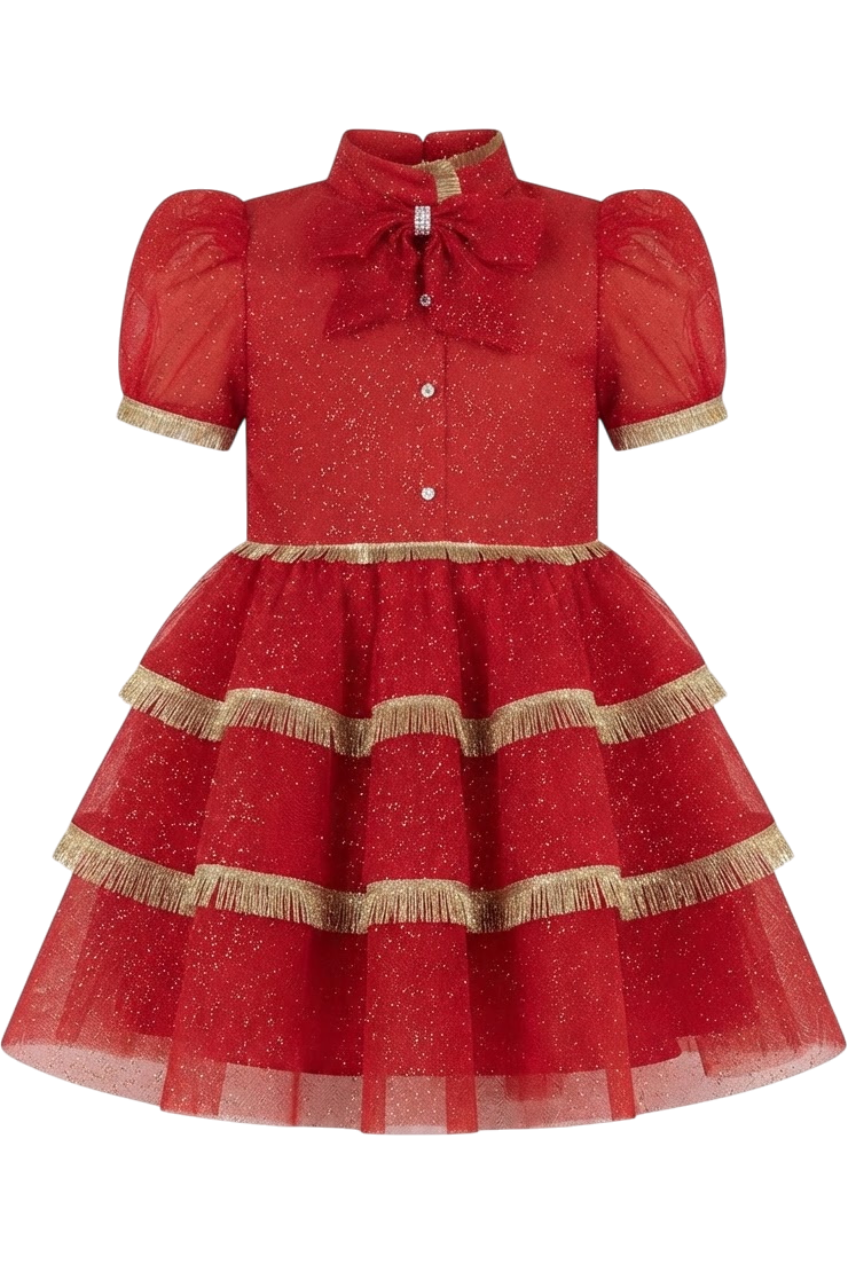 Red shimmering tulle layered dress with gold fringes and bow - product view