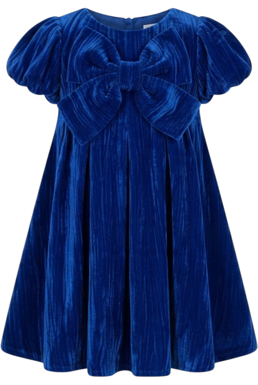 Royal blue velvet dress with oversized bow - product view