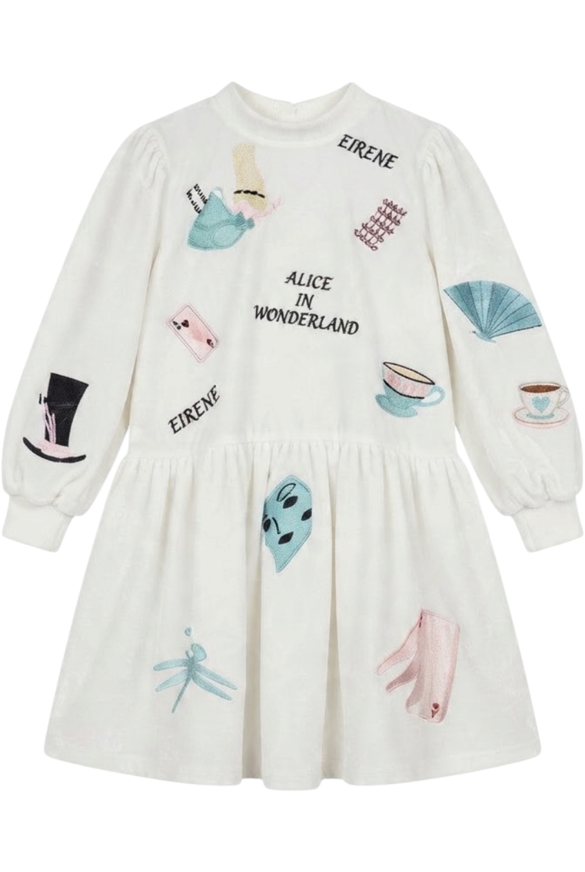 White velvet "Alice in wonderland" embroidered dress - product view
