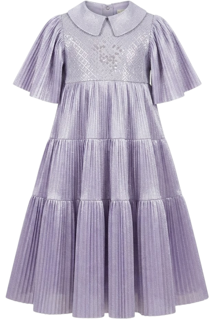 Micro pleated violet dress with lace upper part and collar - product view
