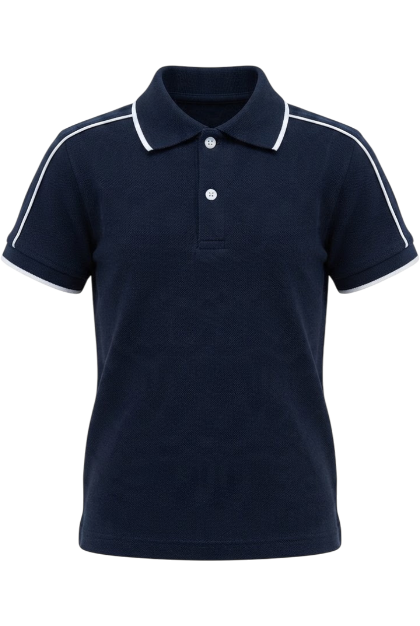 Dark blue polo t-shirt with white piping - product view