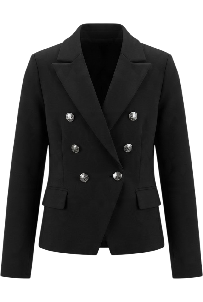 Black punto blazer with faux flap pockets and buttons - product view