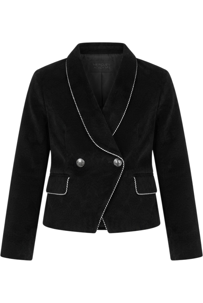 Black corduroy blazer with black and white piping - product view