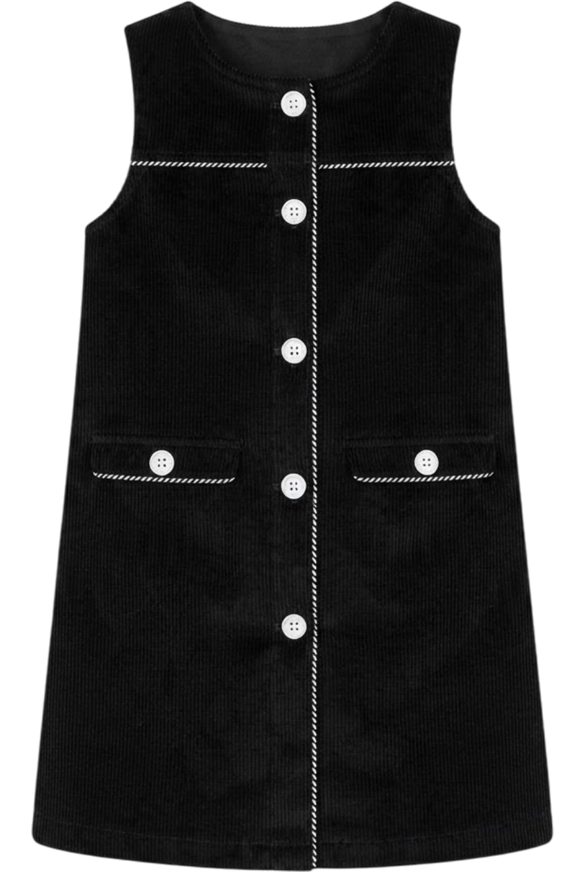 Black corduroy dress with black and white piping and white buttons - product view
