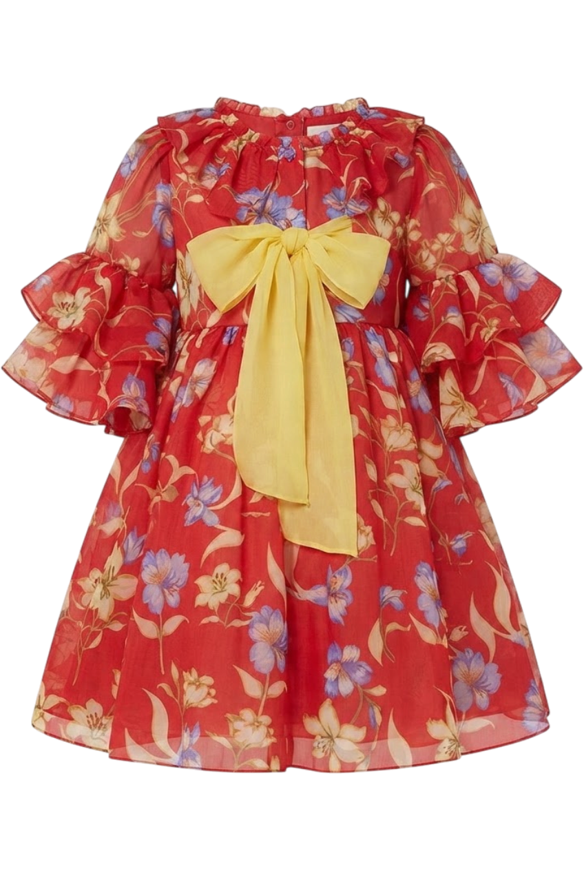 Chiffon floral red dress with yellow bow - product view