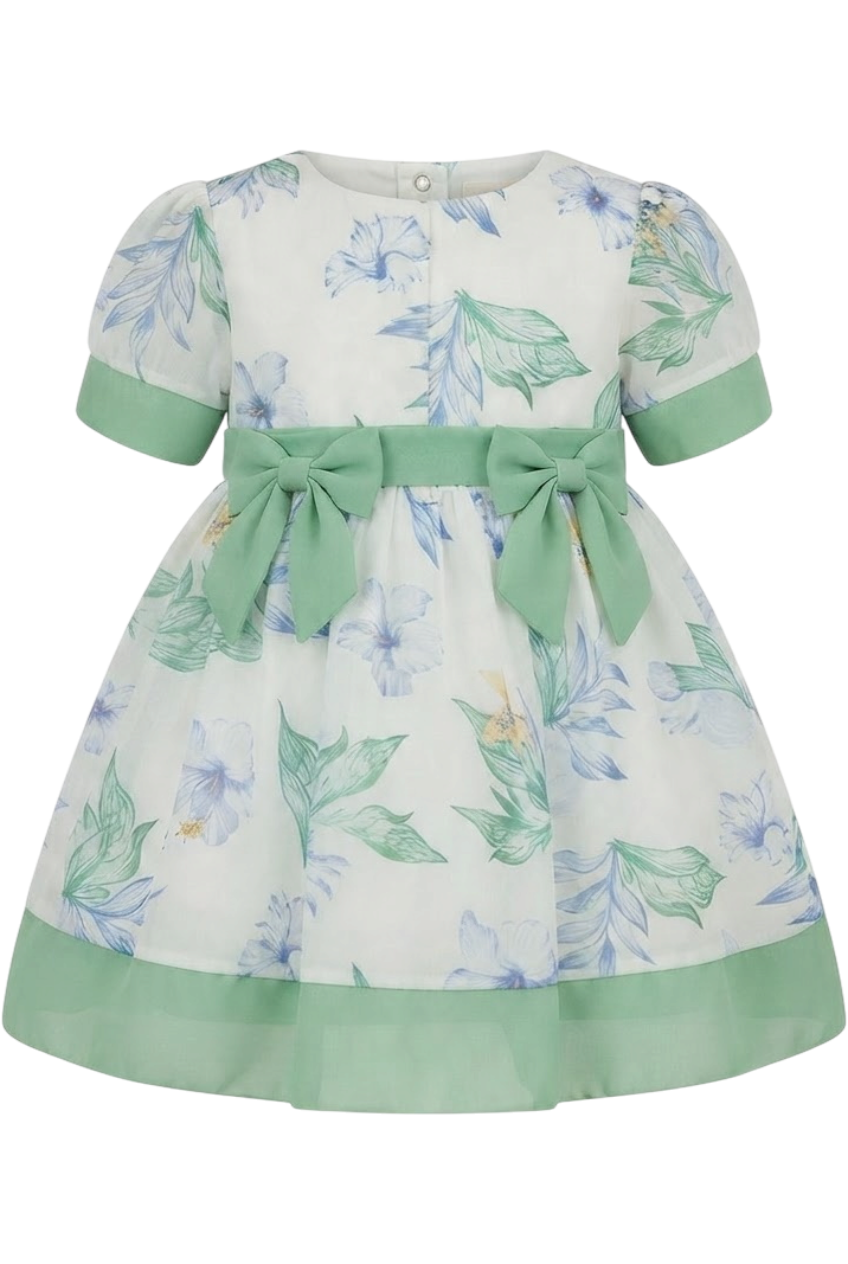 Chiffon floral baby dress with two green bow - product view