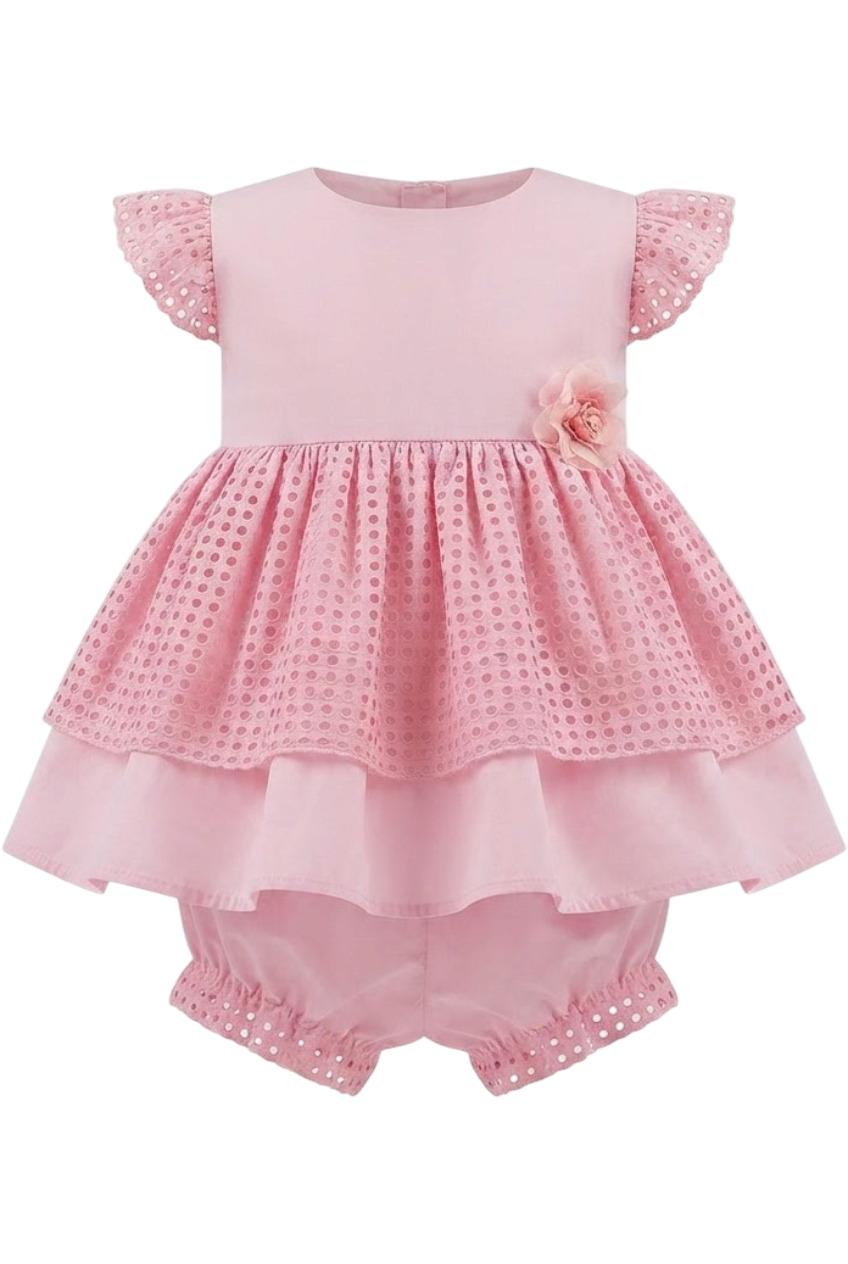 Pink cotton baby dress with matching knickers - product view