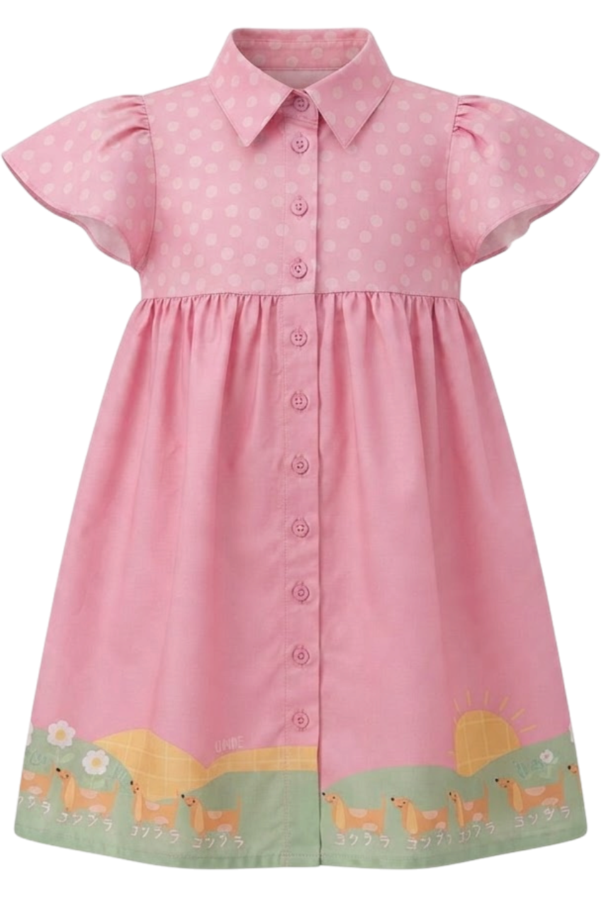 Pink cotton shirt dress with dachshund print - product view