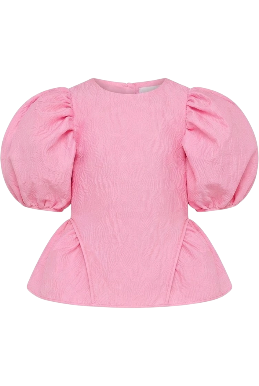 Bright pink jacquard top with voluminous sleeves and tie-up back straps - product view