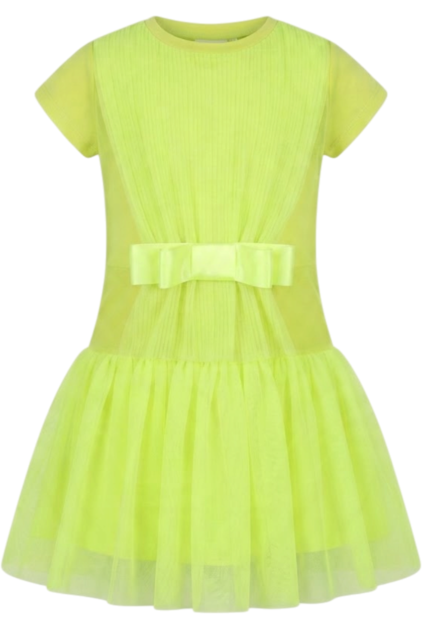 Yellow/green neon jersey dress with tulle and satin bow - product view