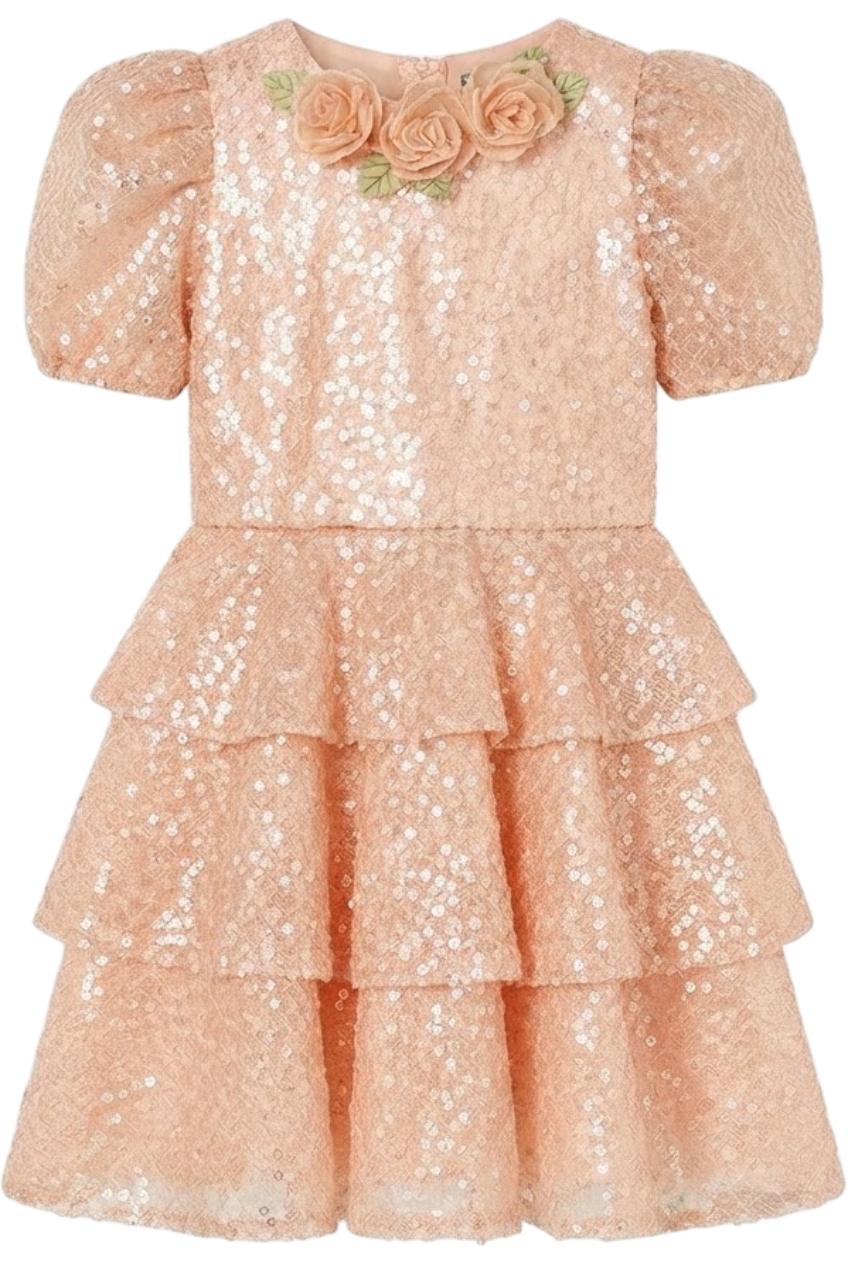 Peach sequin layered dress with flower decorations - product view