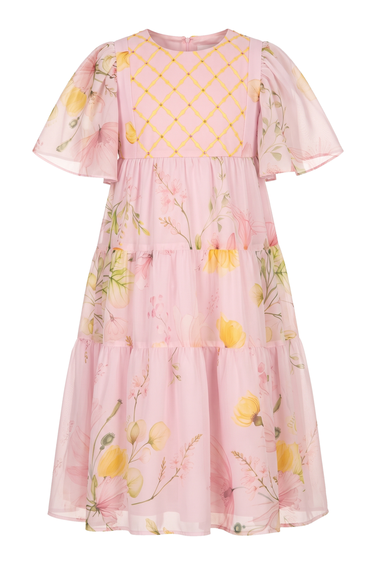 Pink chiffon floral dress with yellow crystals and embellished yellow and pink top - product view