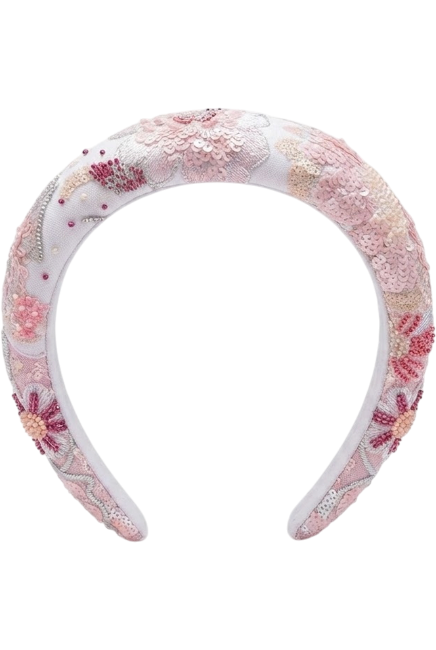 Pink sequins and beads embroidered lace headband - product view
