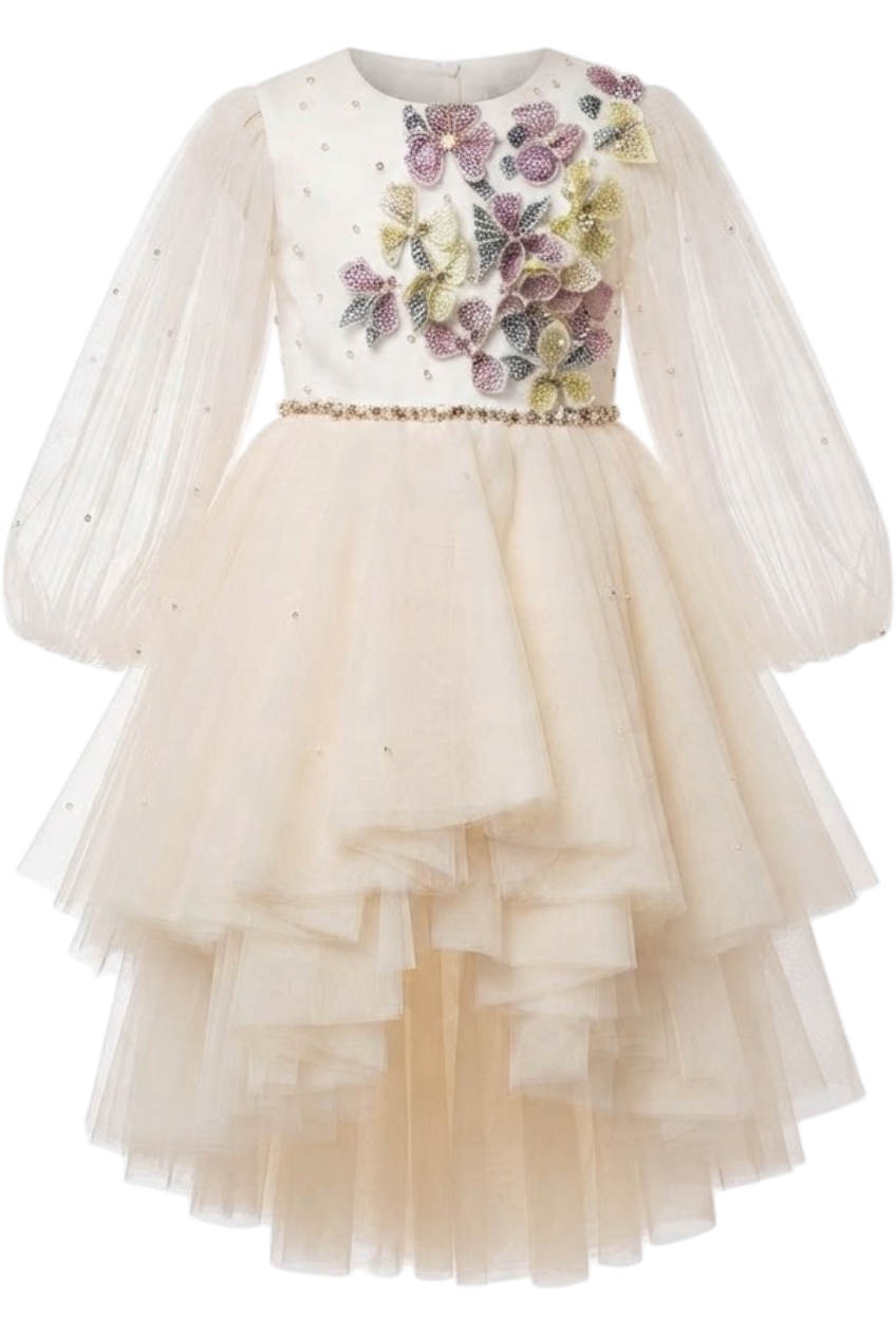 Ivory asymmetrical tulle layered dress with hand-embellished flowers, pearls and crystals and embellished waistline - product view