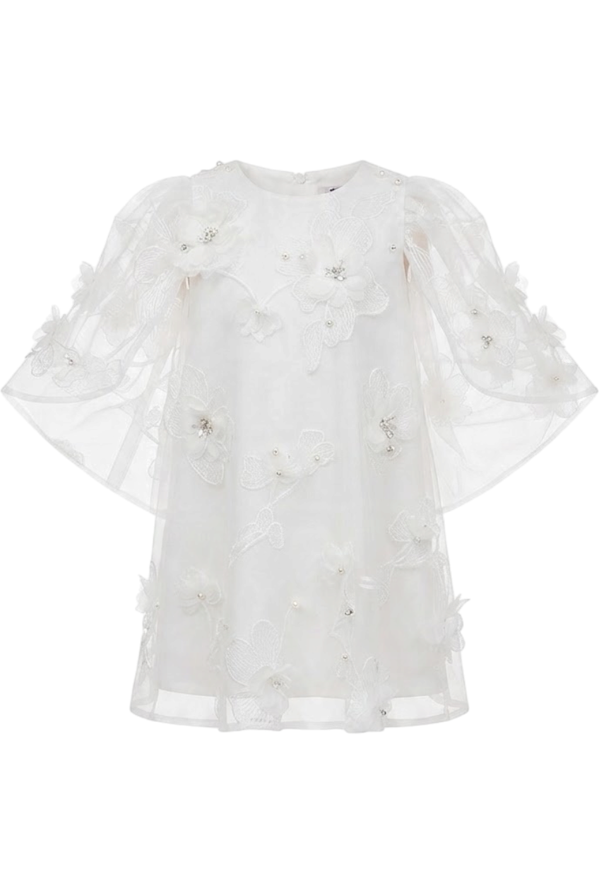 White 3D flowers lace dress with pearls and crystals hand-embellishments - product view