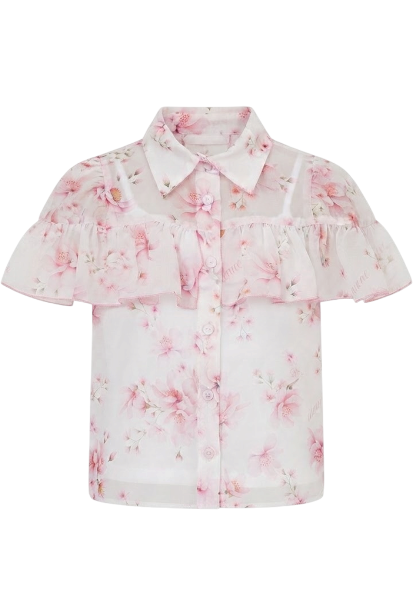 White chiffon shirt with pink flowers and white camisole - product view