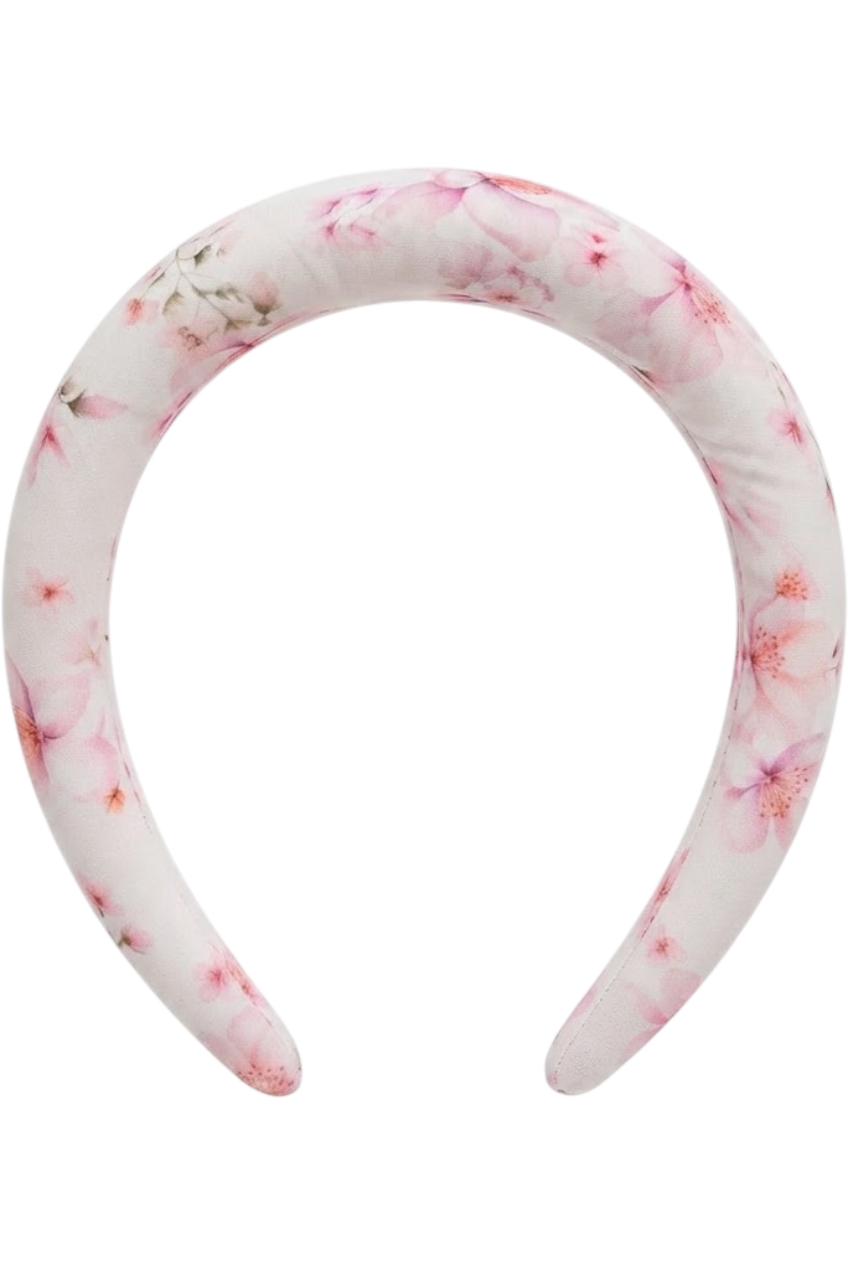 White chiffon headband with pink flowers - product view