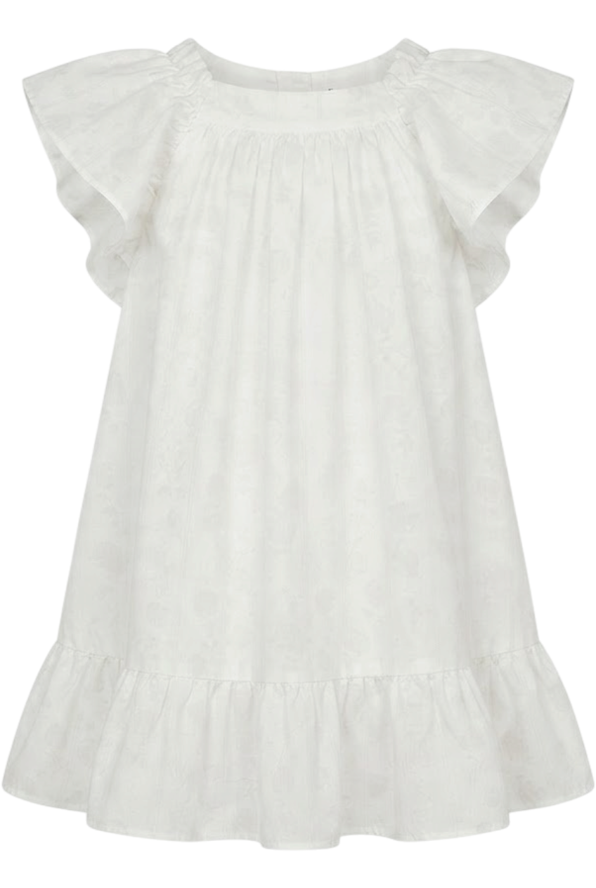 White flowy dress with dots, frills and big bow on the back - product view