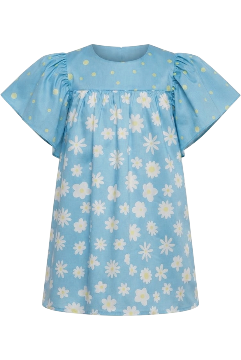 Blue satin cotton dress with white daisies and cape sleeves - product view