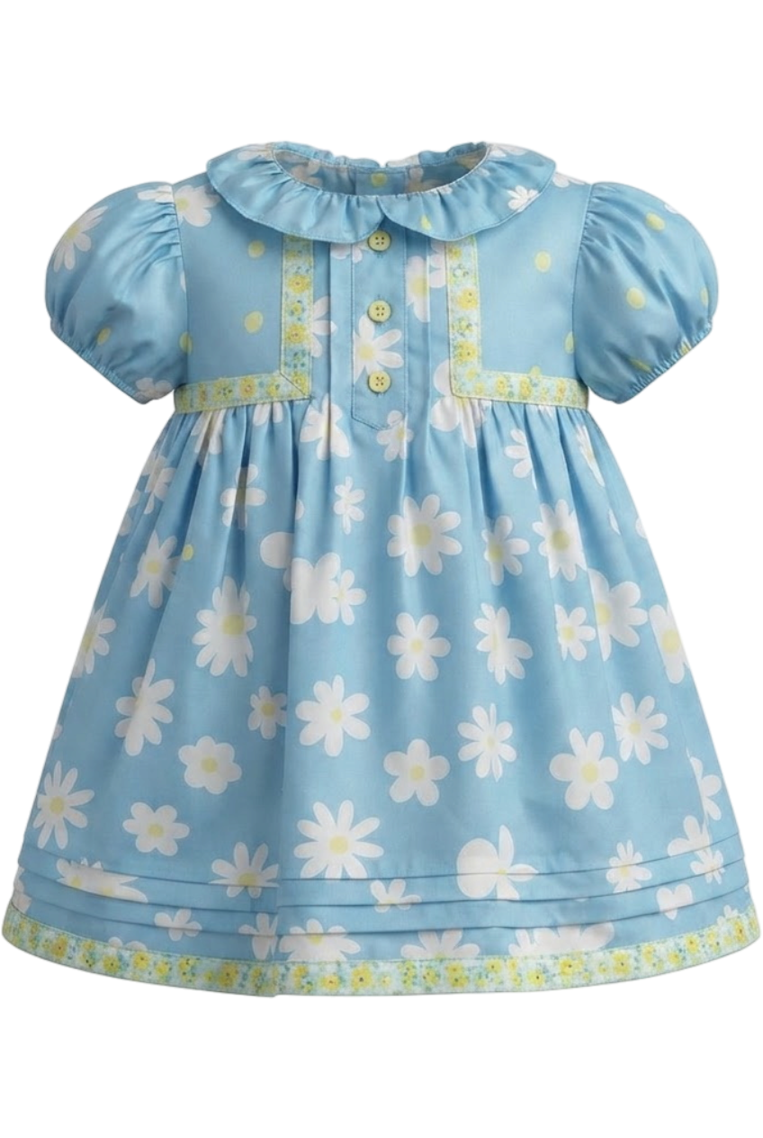 Blue satin cotton baby dress with white daisies - product view