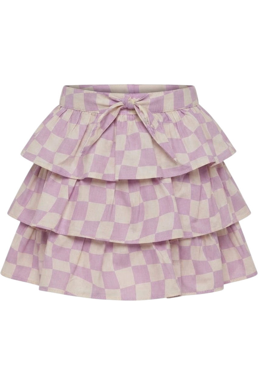 Checkered purple and off-white frilled satin cotton skirt - product view
