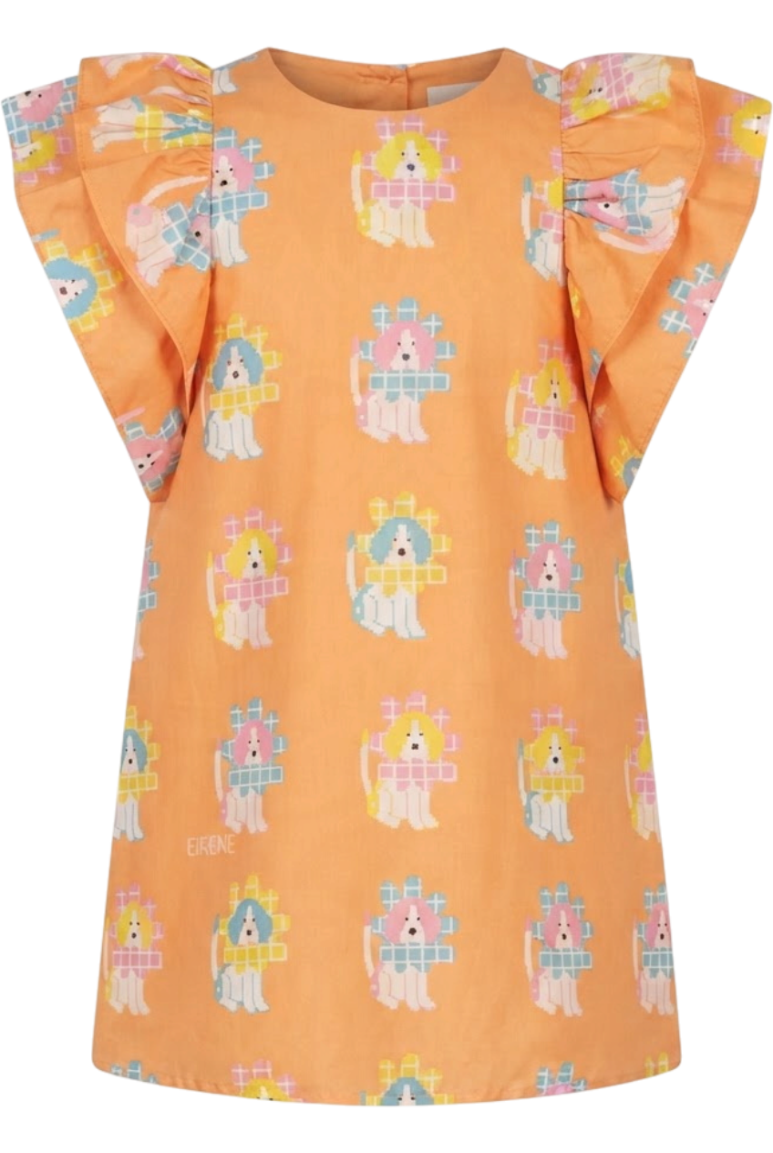 Orange satin cotton dress with beagle print - product view