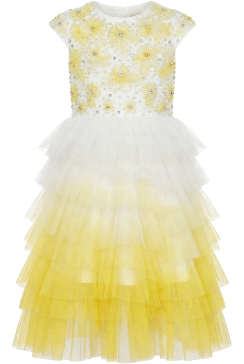 White and yellow ombré layered tulle dress with hand-embellished yellow flower top - product view