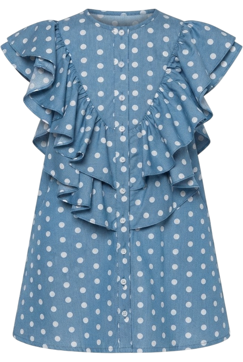 Cotton denim look dress with white dots, big frills and side pockets - product view