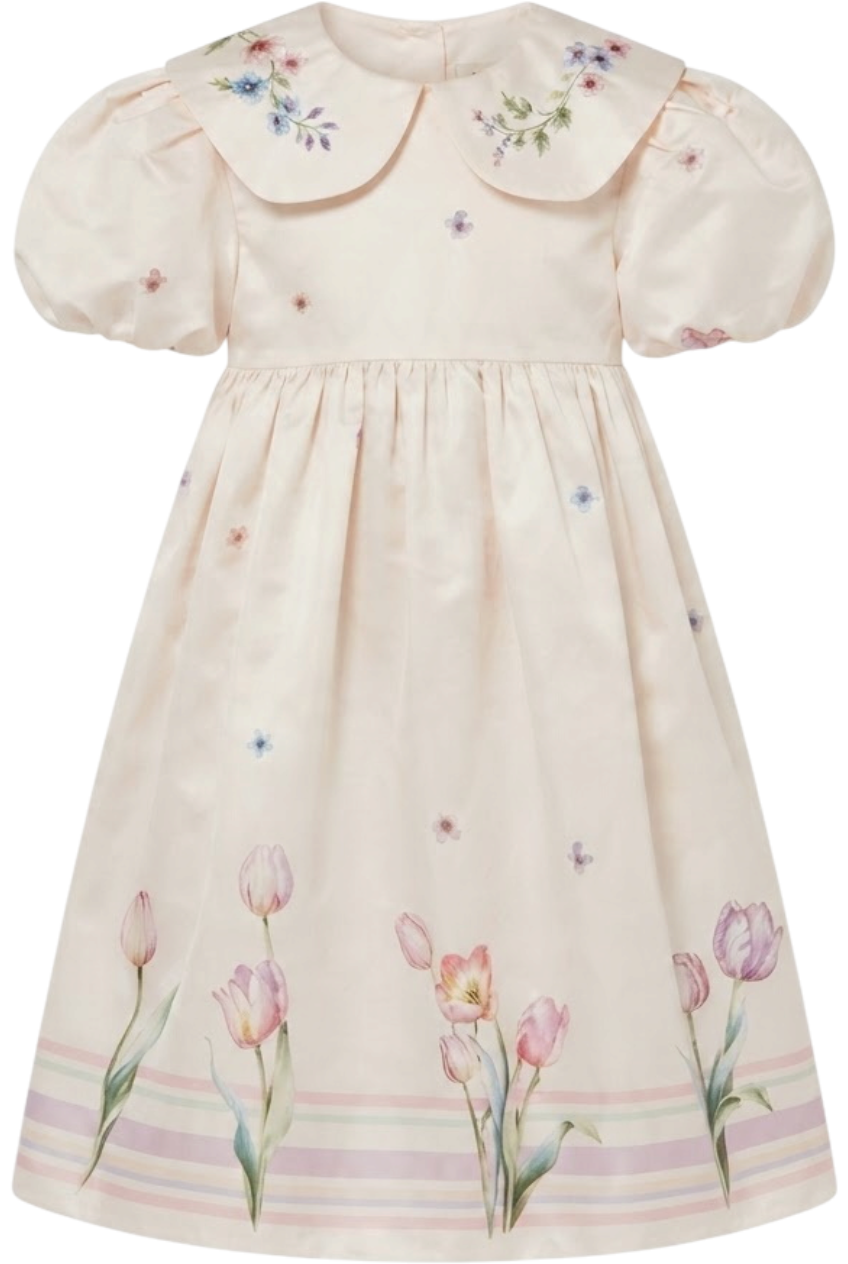 Off-white satin cotton dress with tulip print and hand-embellished collar - product view