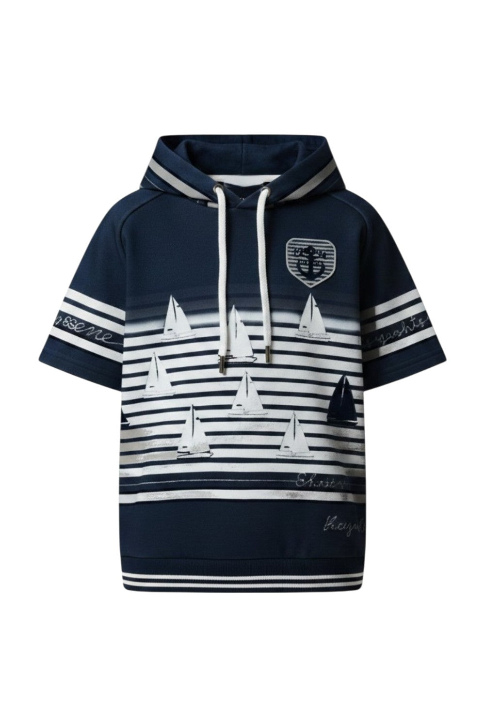 Navy blue short-sleeved striped hoodie with a sailboat print