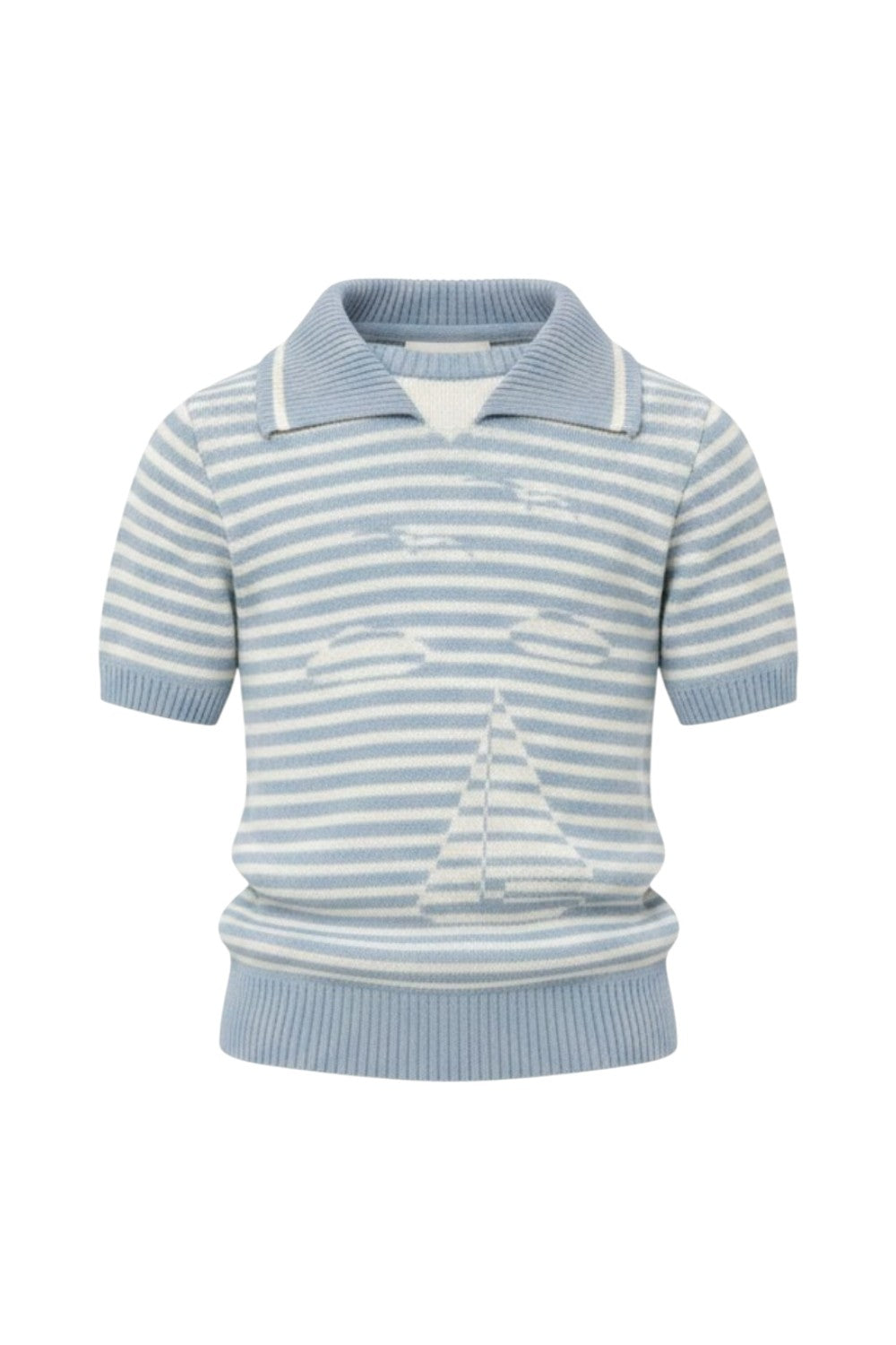 Light blue and white striped knit shirt with a sailor collar and short sleeves