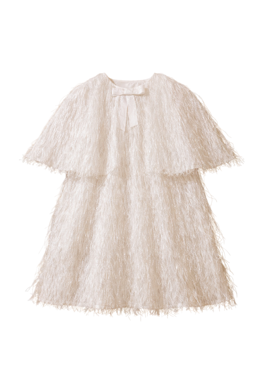 White dress with textured fringe shimmering fabric, featuring a cape-effect overlay and a bow detail
