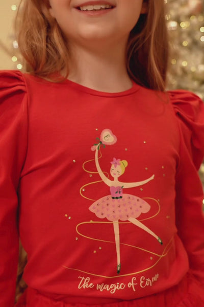Red Christmas hand-embellished t-shirt with puffed sleeves