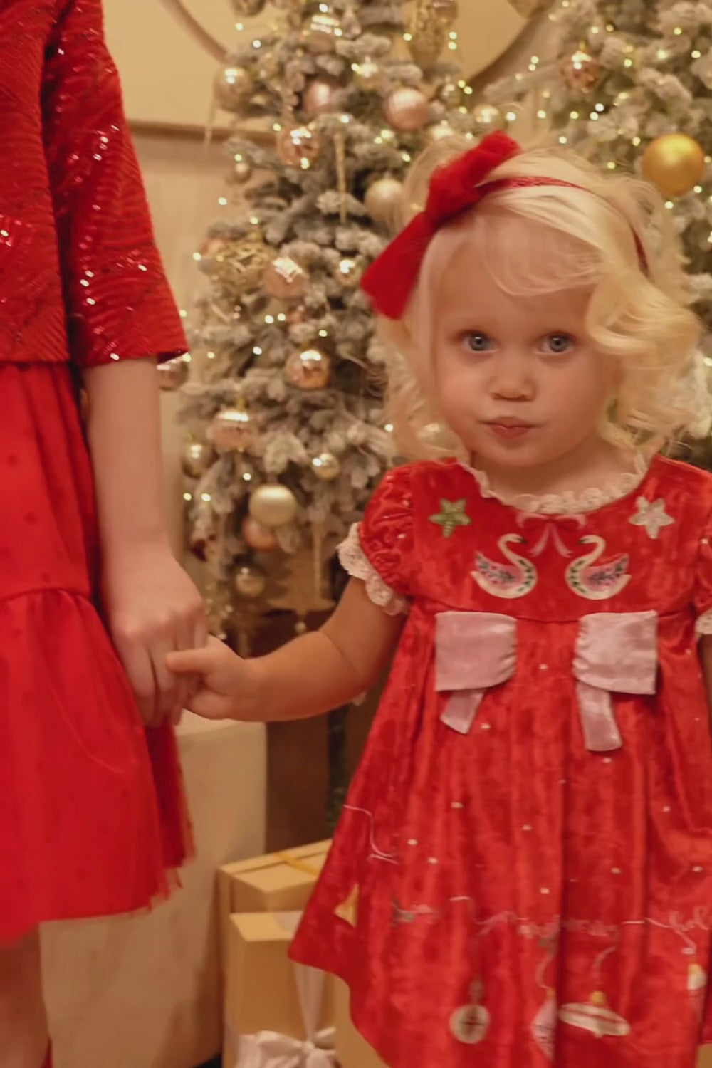 Red velvet Christmas dress with pink bow with matching knickers