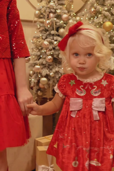 Red velvet Christmas dress with pink bow with matching knickers