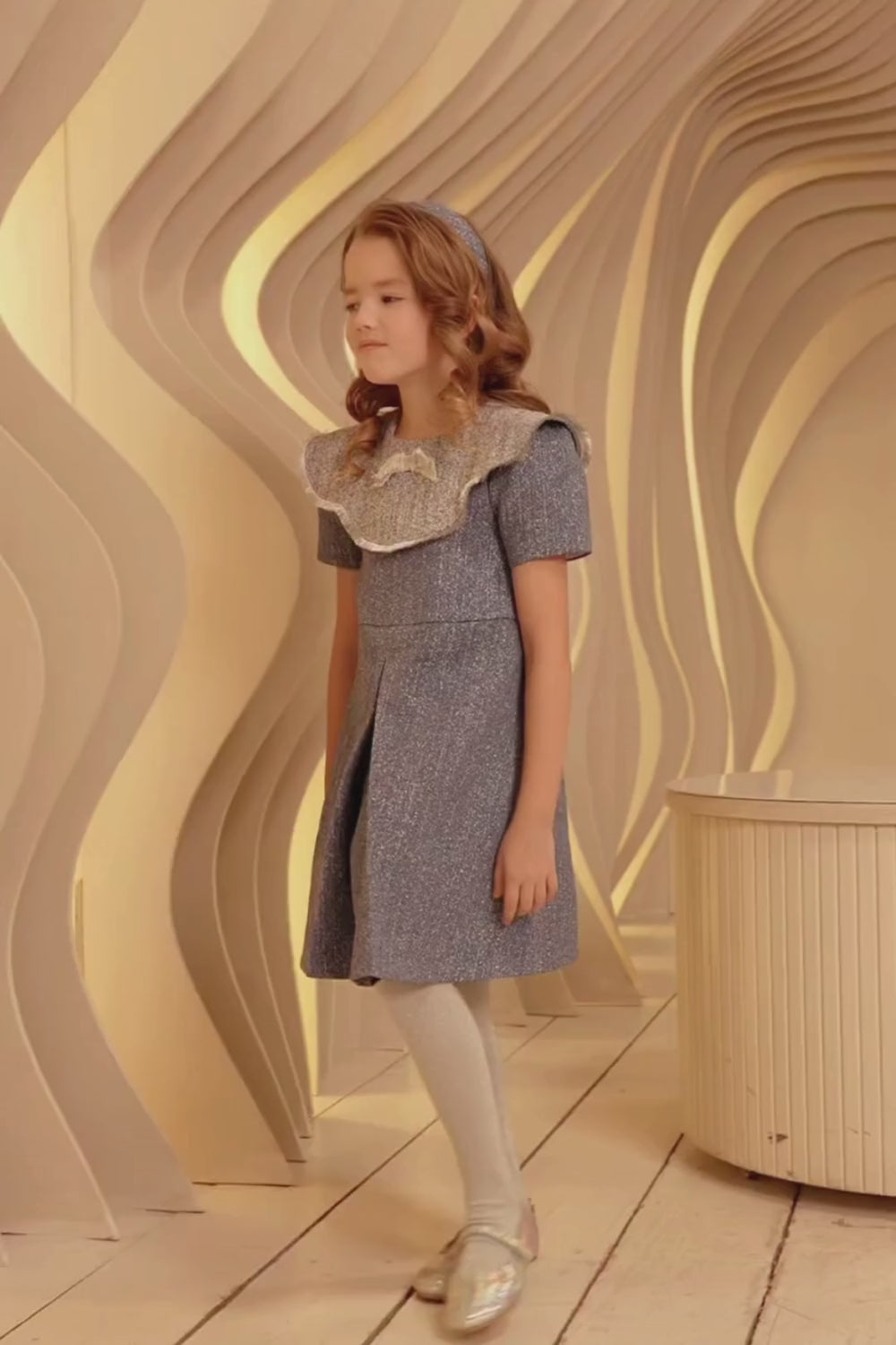 Denim and silver dress with pretty collar and bow