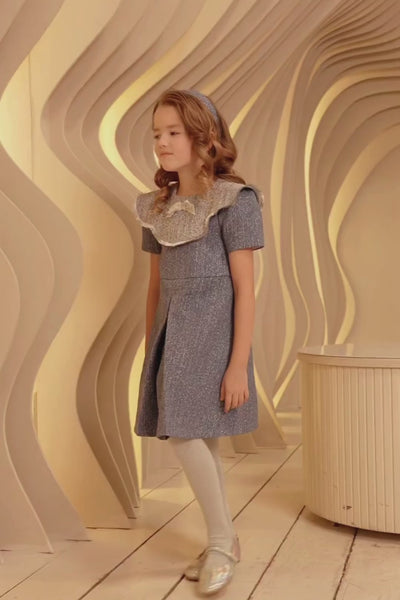 Denim and silver dress with pretty collar and bow