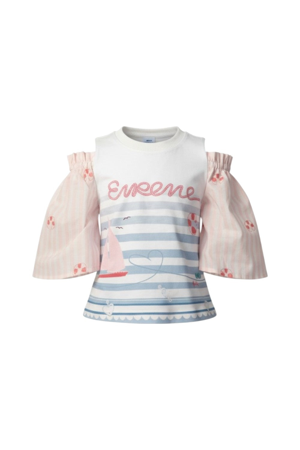 White and pink top with puff sleeves, striped pastel print and Eirene on the front