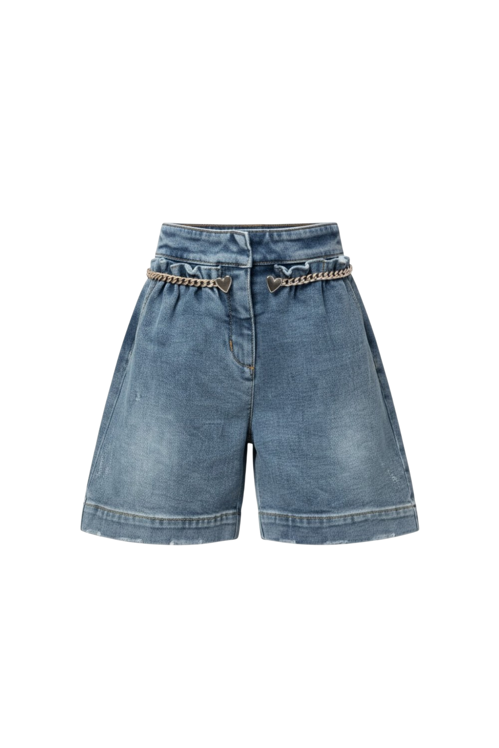 High-waisted denim shorts with a ruffled waistband, heart charm chain, and a relaxed, wide-leg fit
