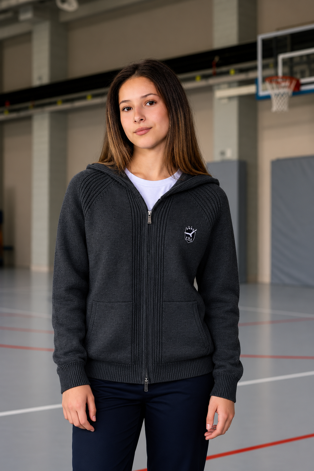 Unisex grey zip-up hoodie with ribbed texture