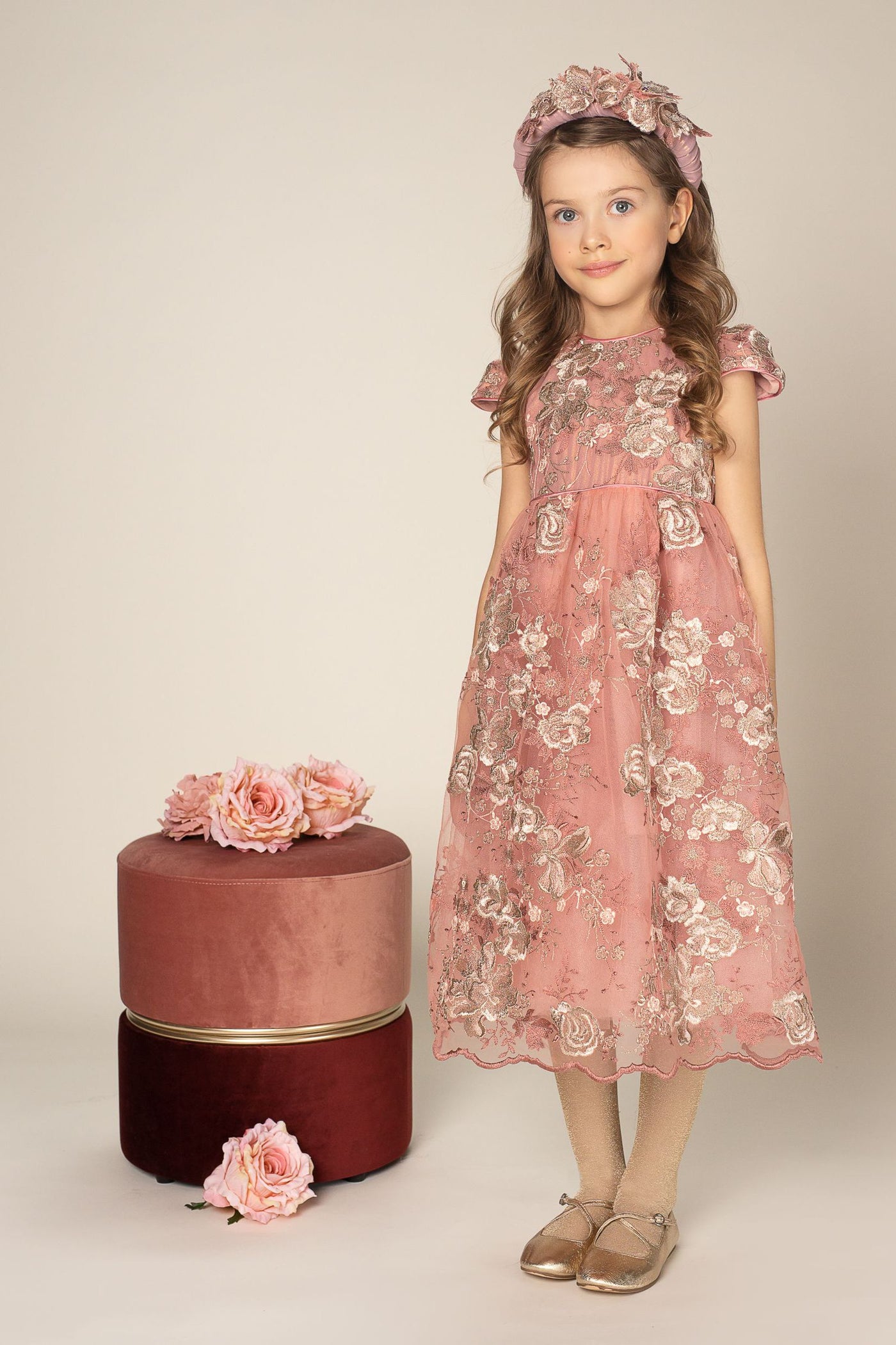 Powder pink and gold lace dress