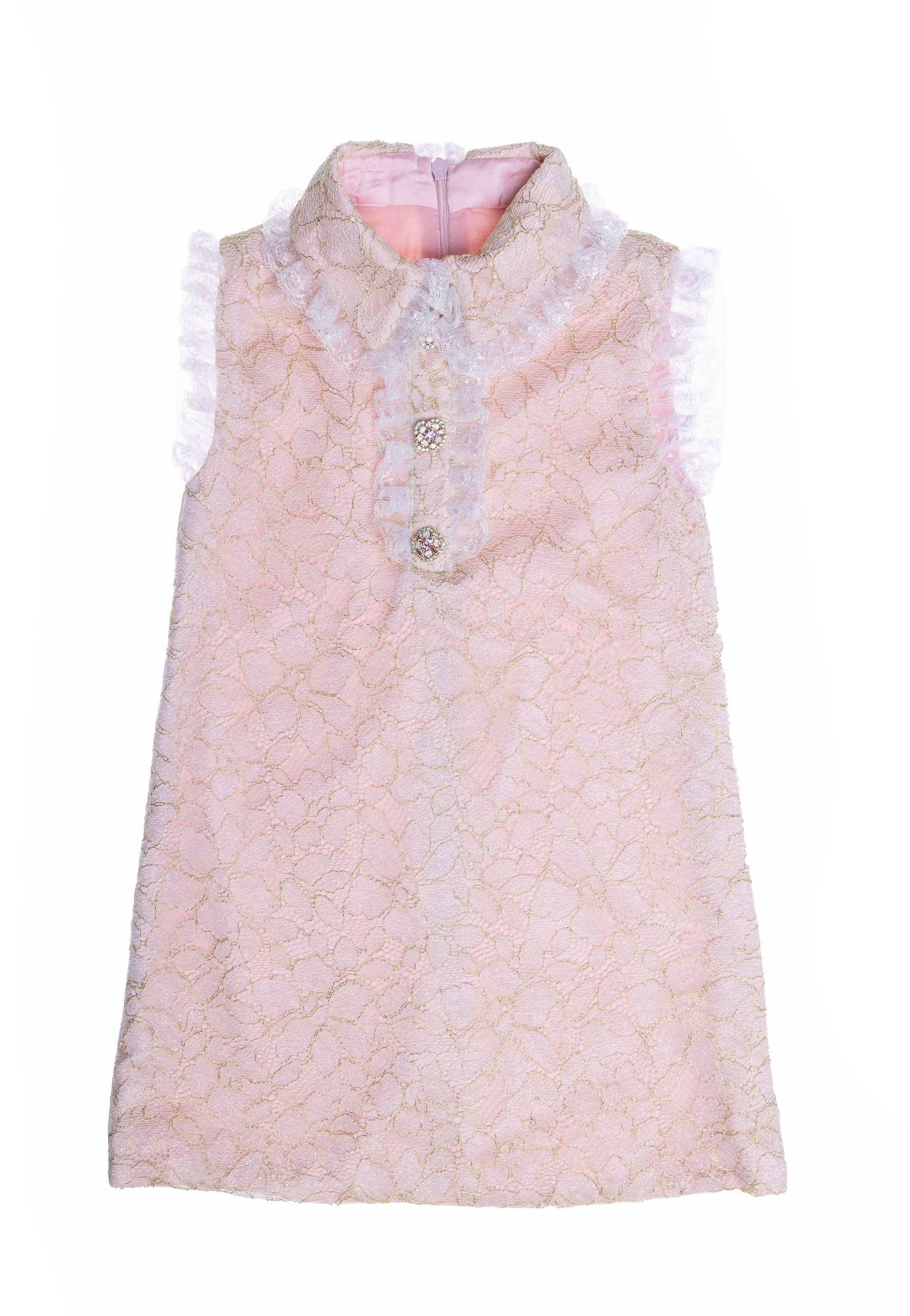 Pink-gold-metallic chameleon lace dress with collar and Swarovski buttons