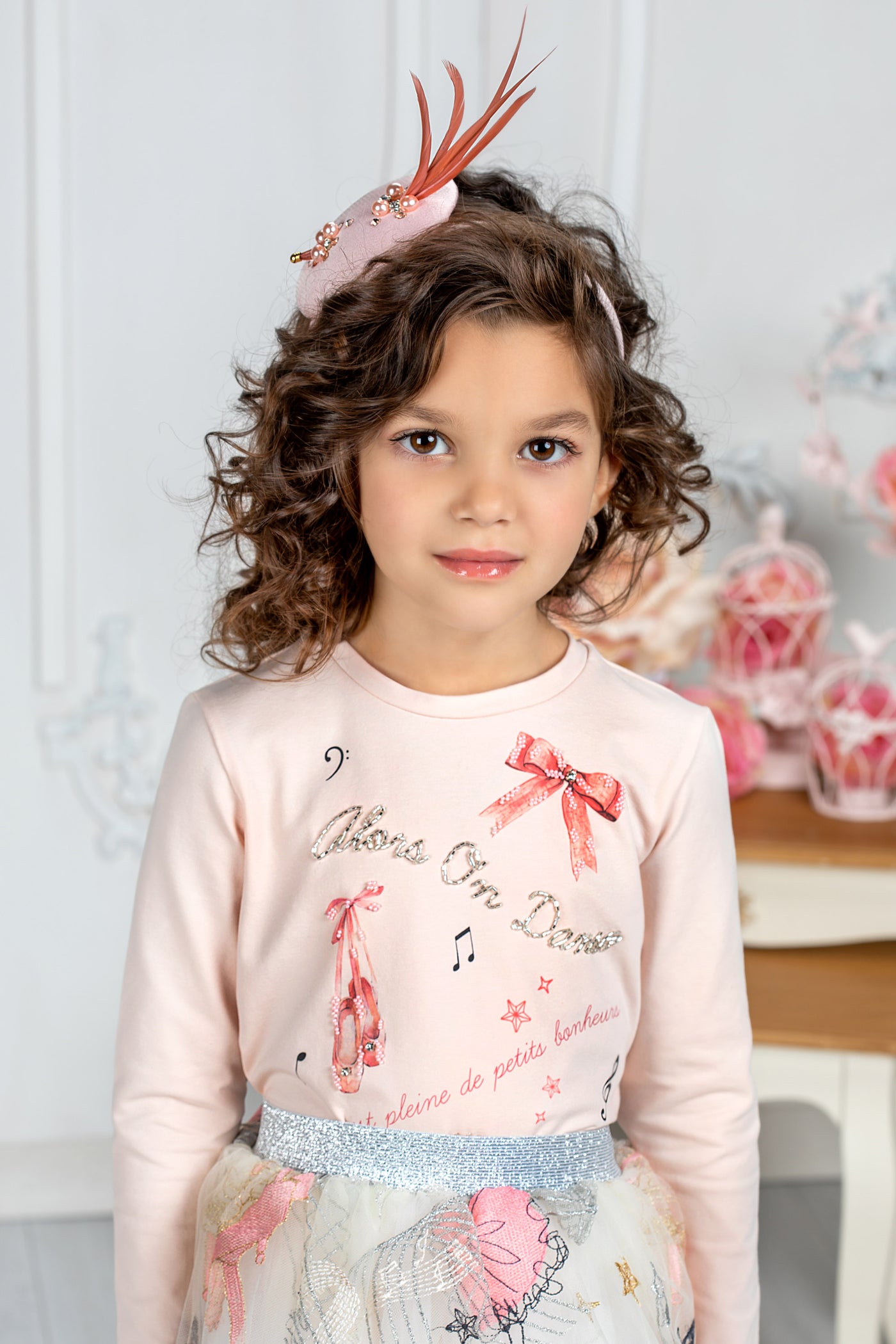 Pale pink ballet print cotton t-shirt with handmade embellishments
