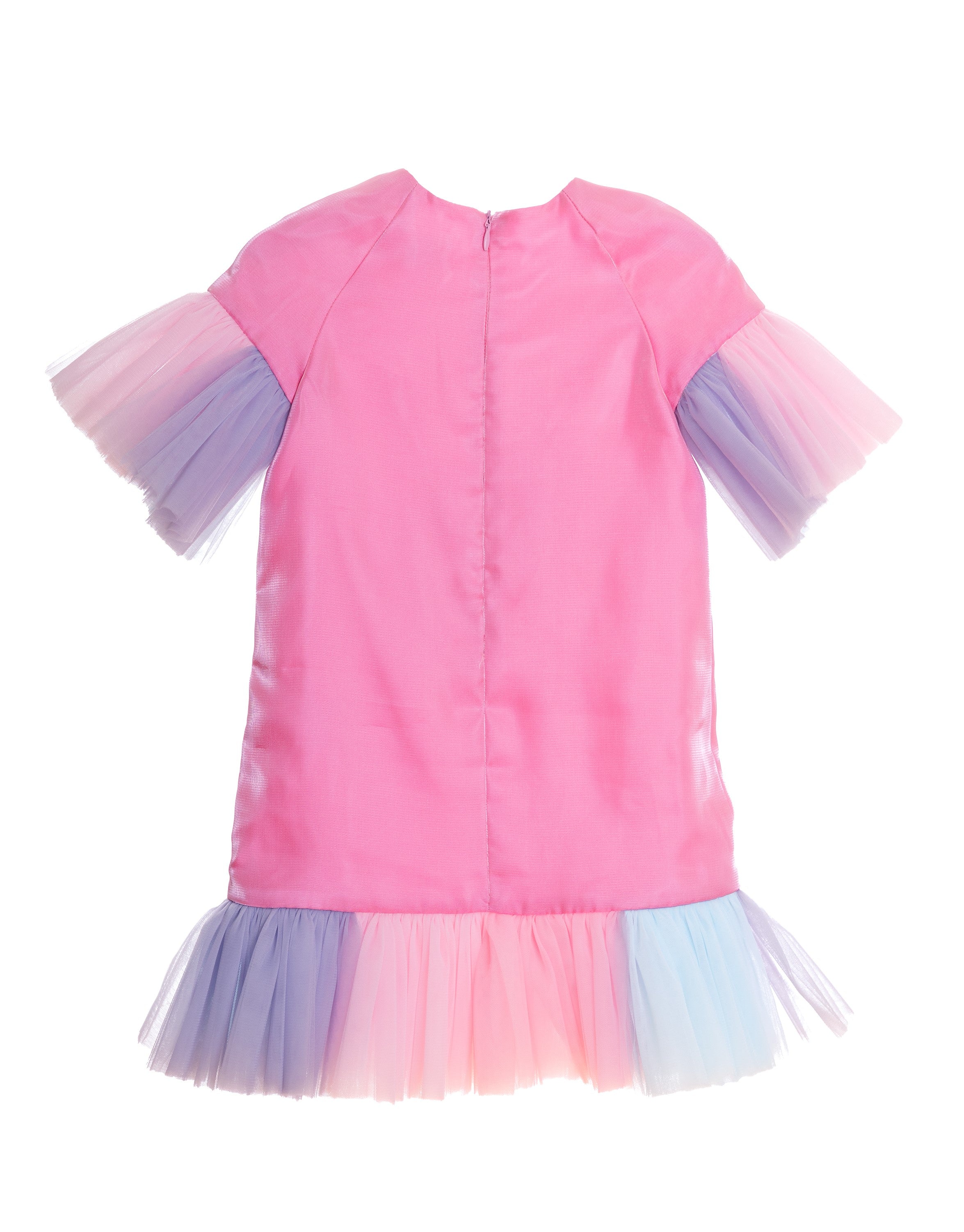 Fuchsia satin dress with unicorn embroidery, tulle frills and Swarovski crystals
