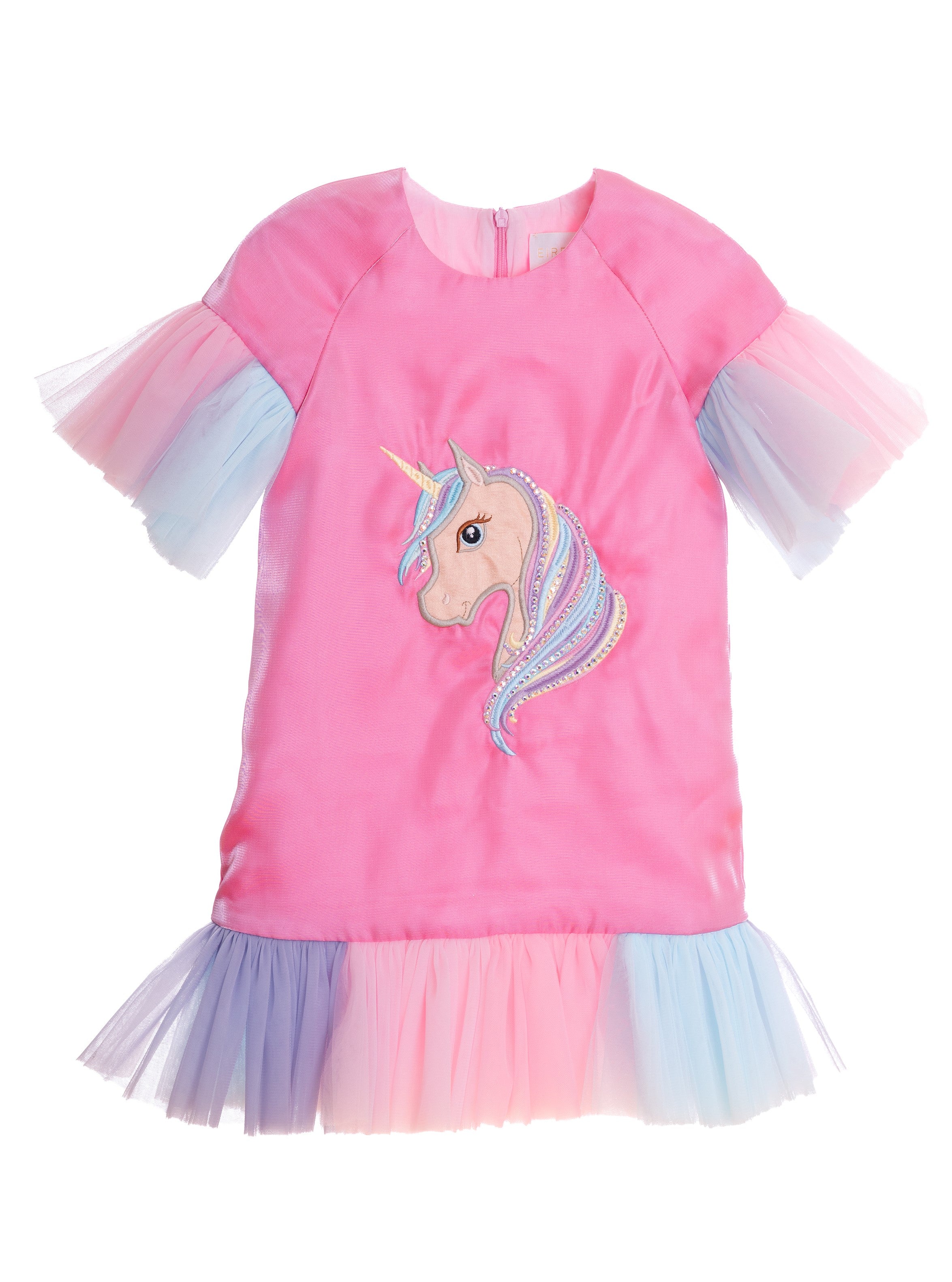 Fuchsia satin dress with unicorn embroidery, tulle frills and Swarovski crystals